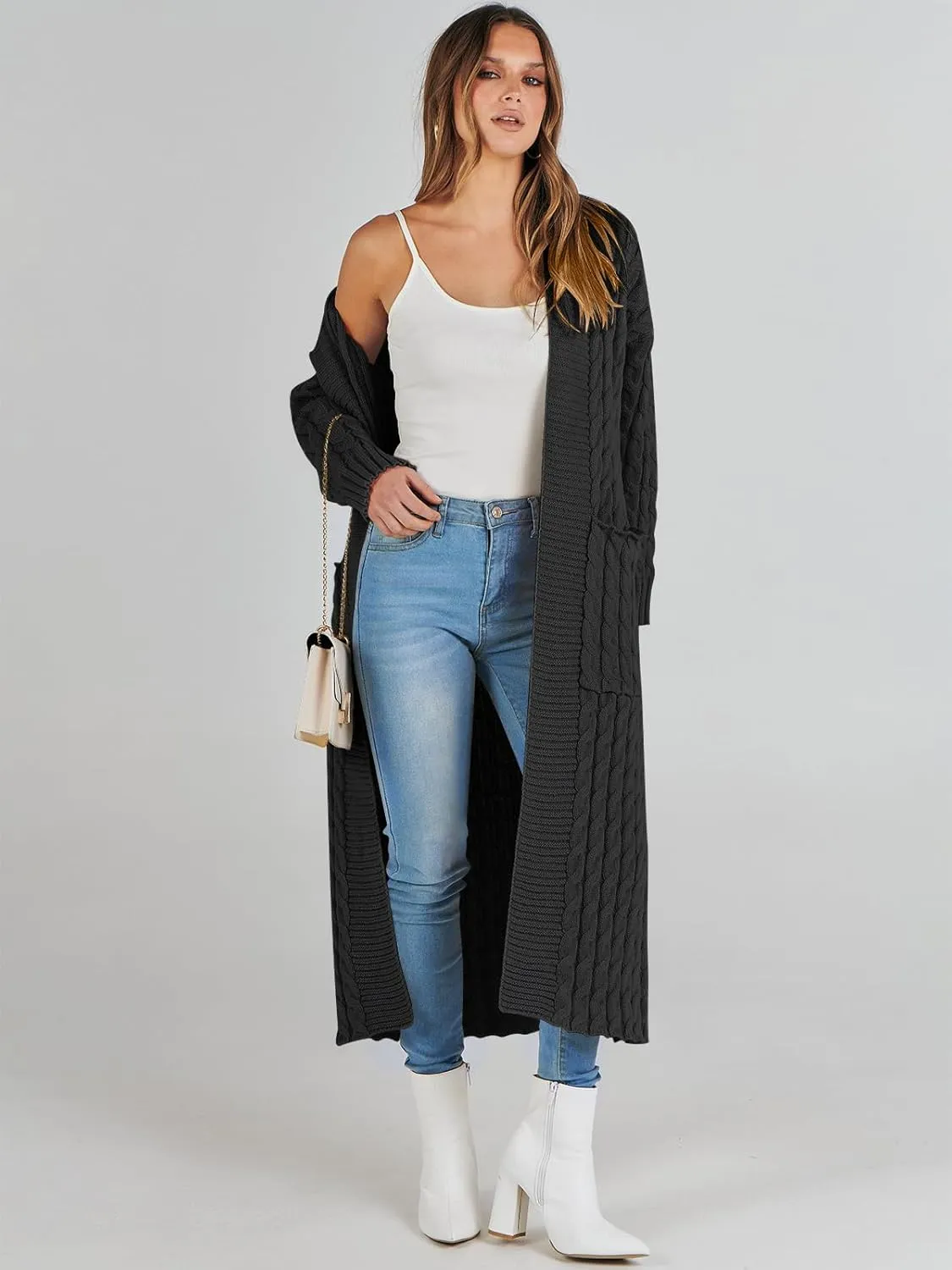 Caracilia Womens Long Cardigan Sweaters 2025 Fall Open Front Coat Long Sleeve Cable Knit Maxi Outerwear Trendy Jacket Clothes