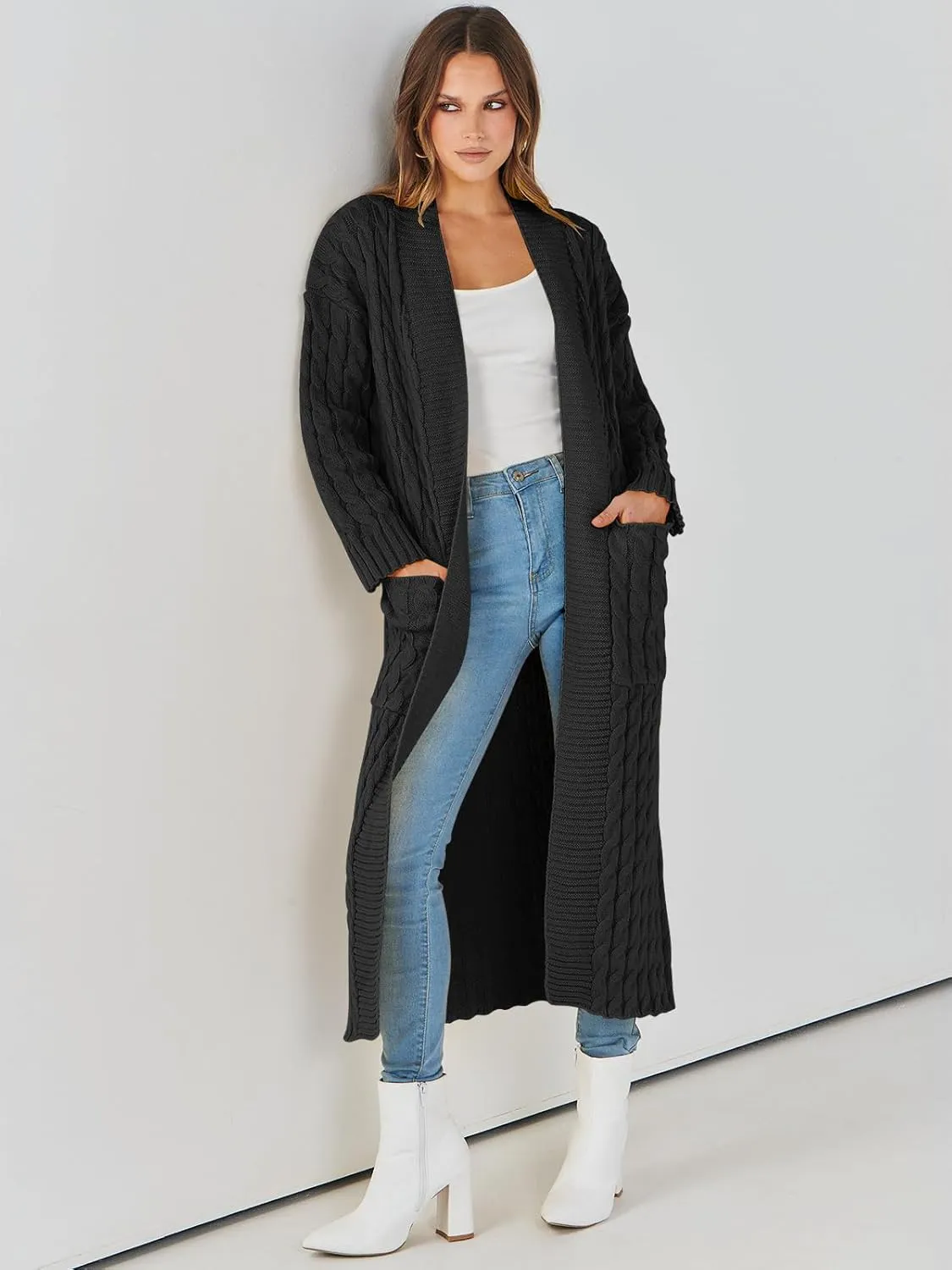 Caracilia Womens Long Cardigan Sweaters 2025 Fall Open Front Coat Long Sleeve Cable Knit Maxi Outerwear Trendy Jacket Clothes