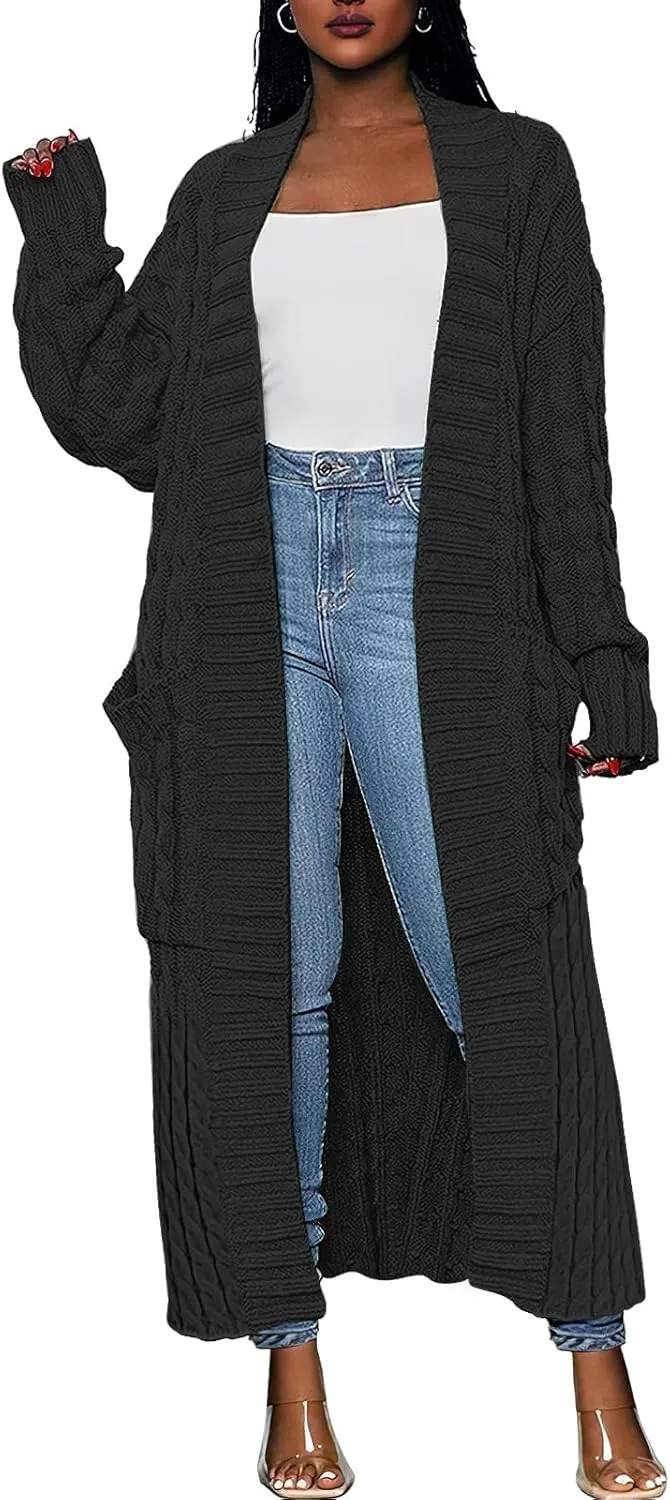 Caracilia Womens Long Cardigan Sweaters 2025 Fall Open Front Coat Long Sleeve Cable Knit Maxi Outerwear Trendy Jacket Clothes
