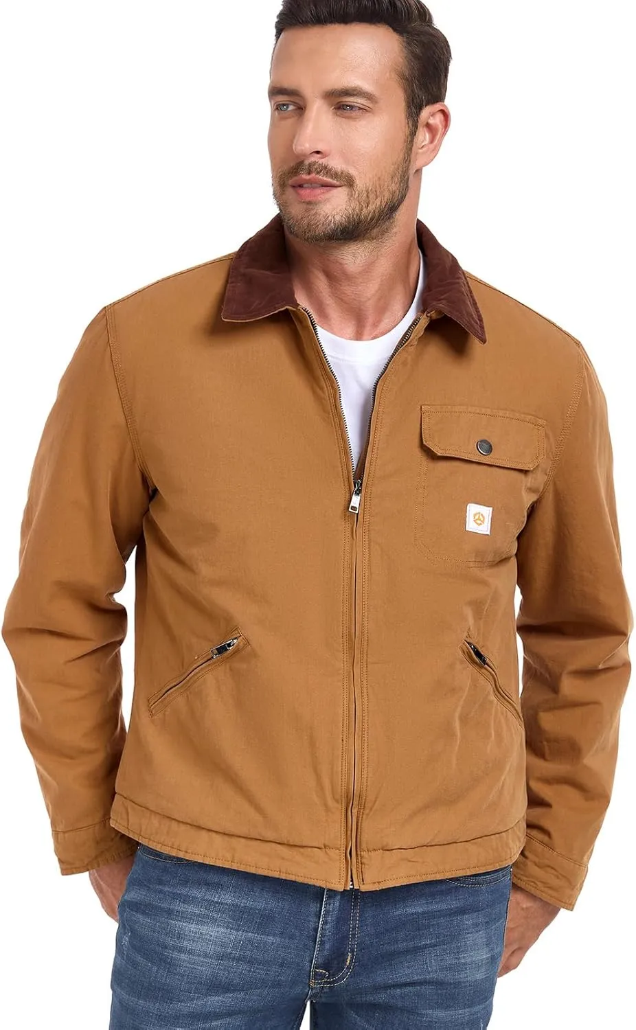 CARWORNIC Men's Winter Cotton Jacket Warm Quilted Padded Lined Cargo Work Jacket Regular Fit Casual Lapel Trucker Coat