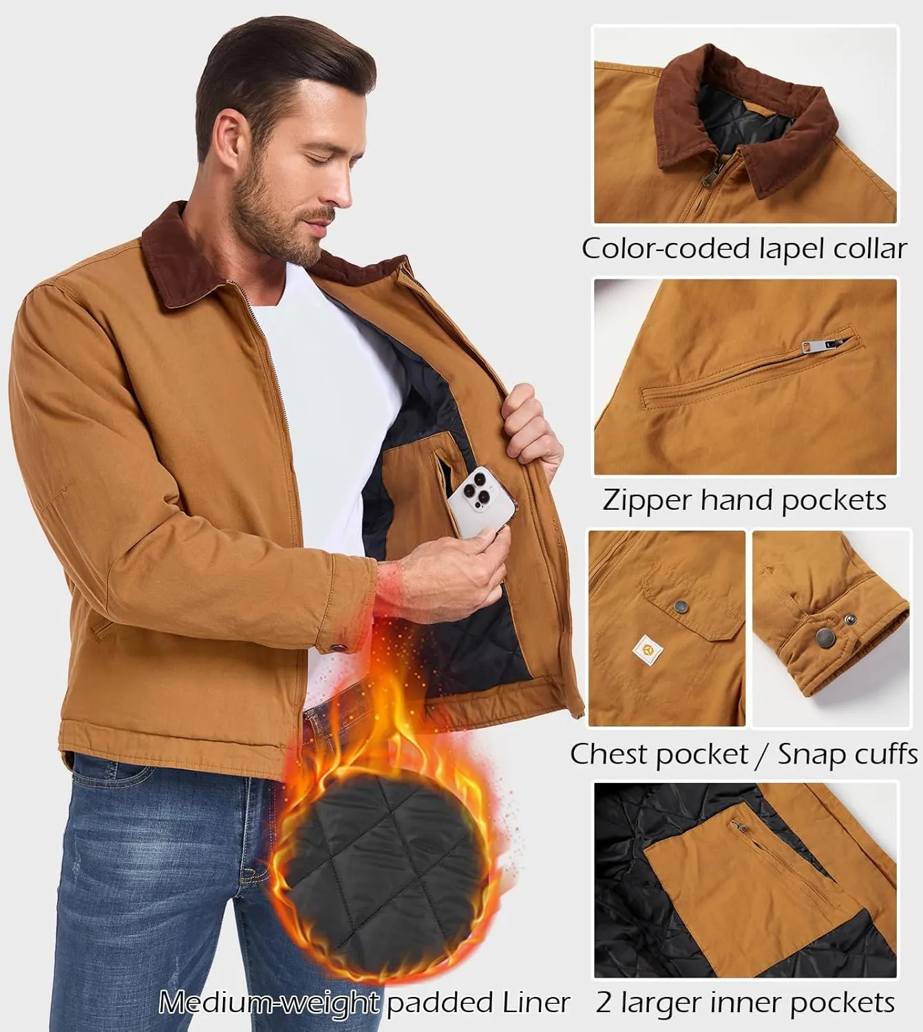 CARWORNIC Men's Winter Cotton Jacket Warm Quilted Padded Lined Cargo Work Jacket Regular Fit Casual Lapel Trucker Coat