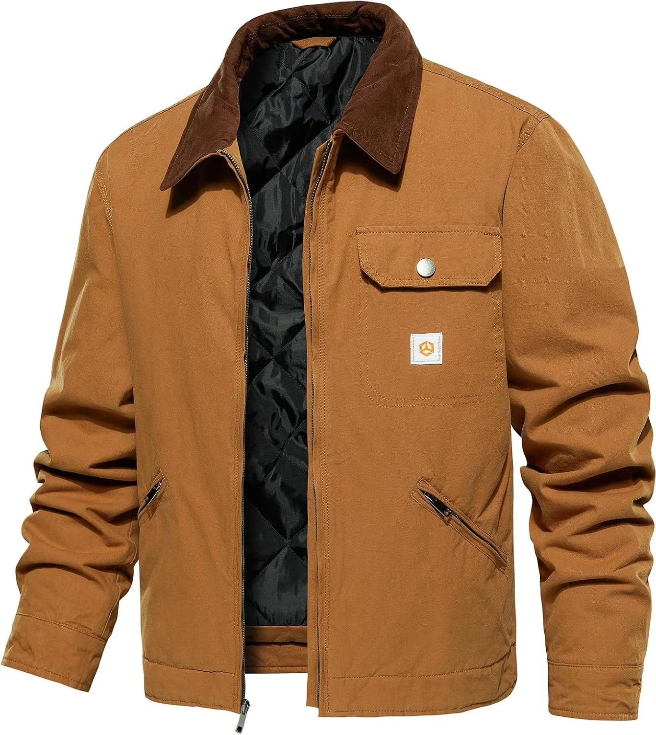 CARWORNIC Men's Winter Cotton Jacket Warm Quilted Padded Lined Cargo Work Jacket Regular Fit Casual Lapel Trucker Coat