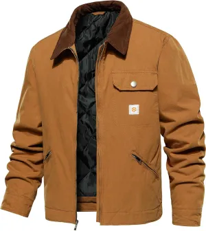 CARWORNIC Men's Winter Cotton Jacket Warm Quilted Padded Lined Cargo Work Jacket Regular Fit Casual Lapel Trucker Coat