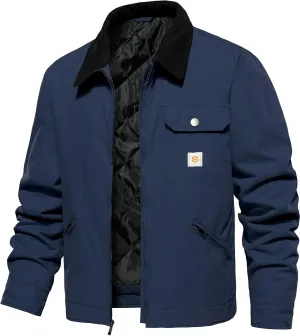CARWORNIC Men's Winter Cotton Jacket Warm Quilted Padded Lined Cargo Work Jacket Regular Fit Casual Lapel Trucker Coat