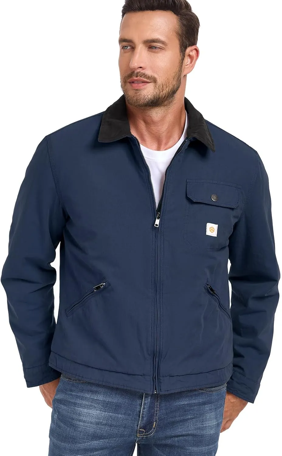 CARWORNIC Men's Winter Cotton Jacket Warm Quilted Padded Lined Cargo Work Jacket Regular Fit Casual Lapel Trucker Coat
