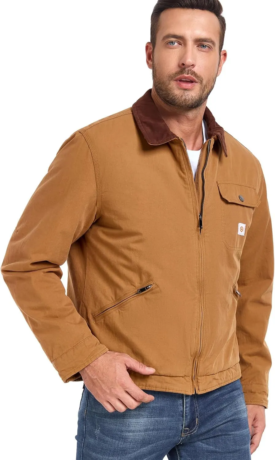 CARWORNIC Men's Winter Cotton Jacket Warm Quilted Padded Lined Cargo Work Jacket Regular Fit Casual Lapel Trucker Coat