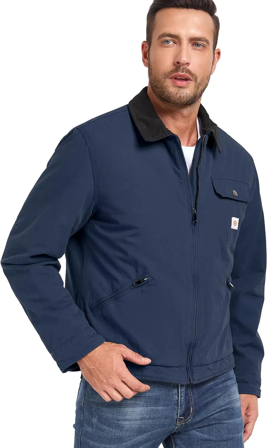 CARWORNIC Men's Winter Cotton Jacket Warm Quilted Padded Lined Cargo Work Jacket Regular Fit Casual Lapel Trucker Coat