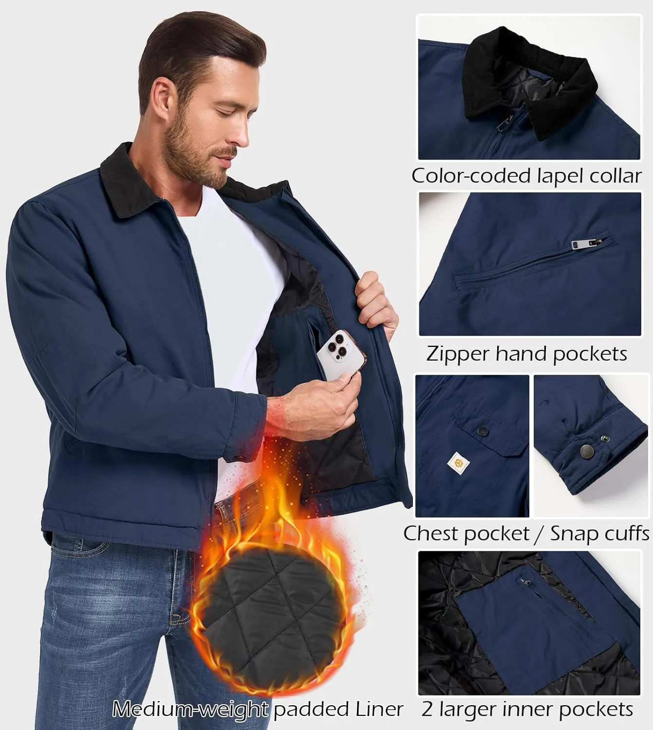 CARWORNIC Men's Winter Cotton Jacket Warm Quilted Padded Lined Cargo Work Jacket Regular Fit Casual Lapel Trucker Coat