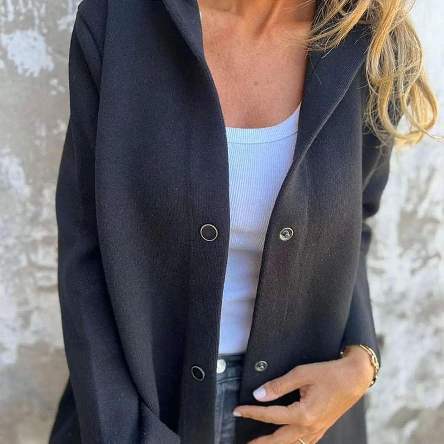 Casual Single Breasted Hooded Jacket for Autumn, Lightweight Lapel Long Sleeve Overcoat with Pocket for Women