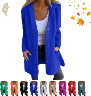 Casual Single Breasted Hooded Jacket for Autumn, Lightweight Lapel Long Sleeve Overcoat with Pocket for Women