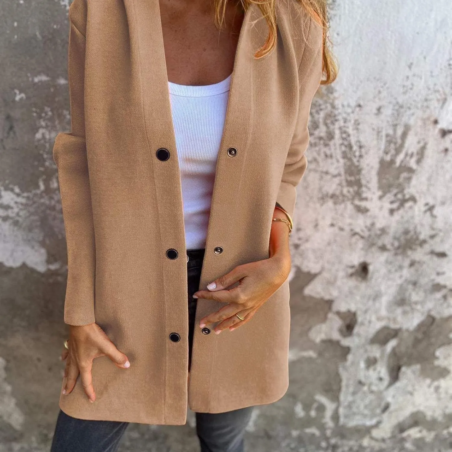 Casual Single Breasted Hooded Jacket for Autumn, Lightweight Lapel Long Sleeve Overcoat with Pocket for Women