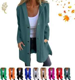 Casual Single Breasted Hooded Jacket for Autumn, Lightweight Lapel Long Sleeve Overcoat with Pocket for Women