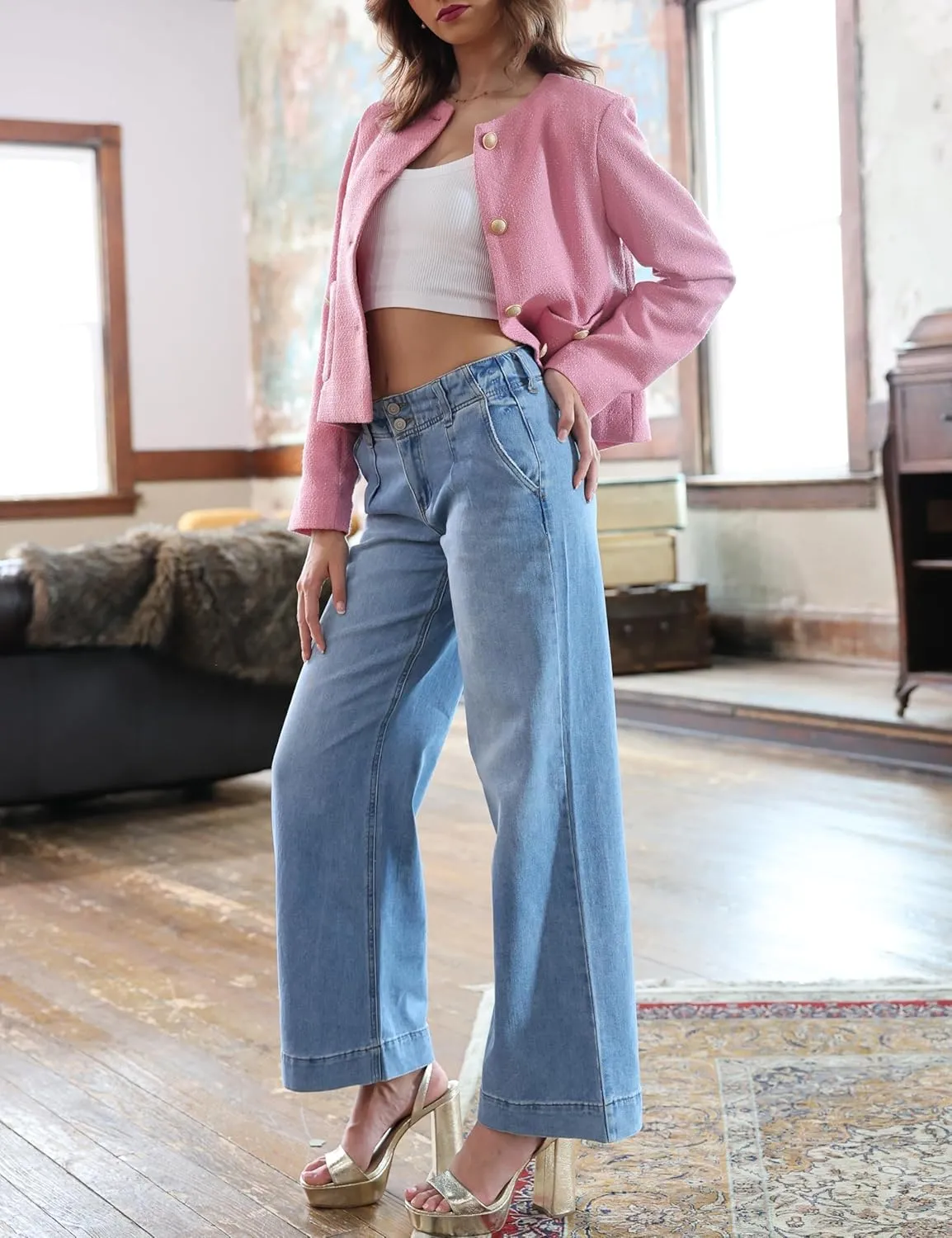 Casual Tweed Jacket for Women Long Sleeve Elegant Slim Fit Blazer Coat Outwear for Work Office