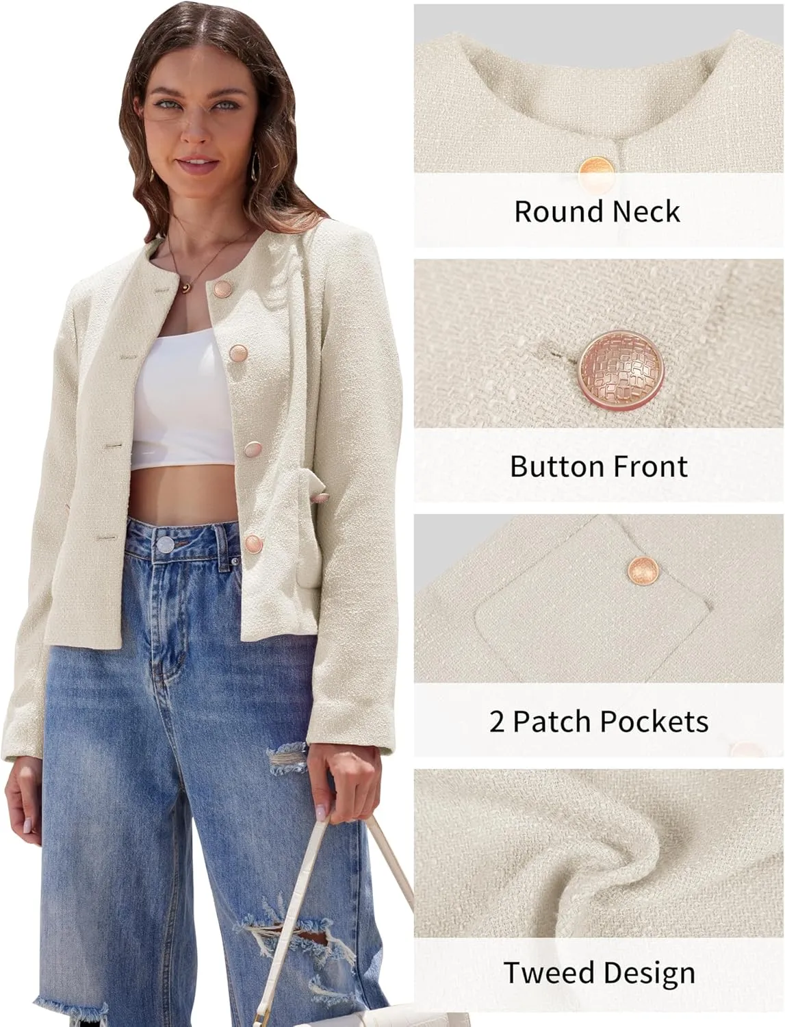 Casual Tweed Jacket for Women Long Sleeve Elegant Slim Fit Blazer Coat Outwear for Work Office