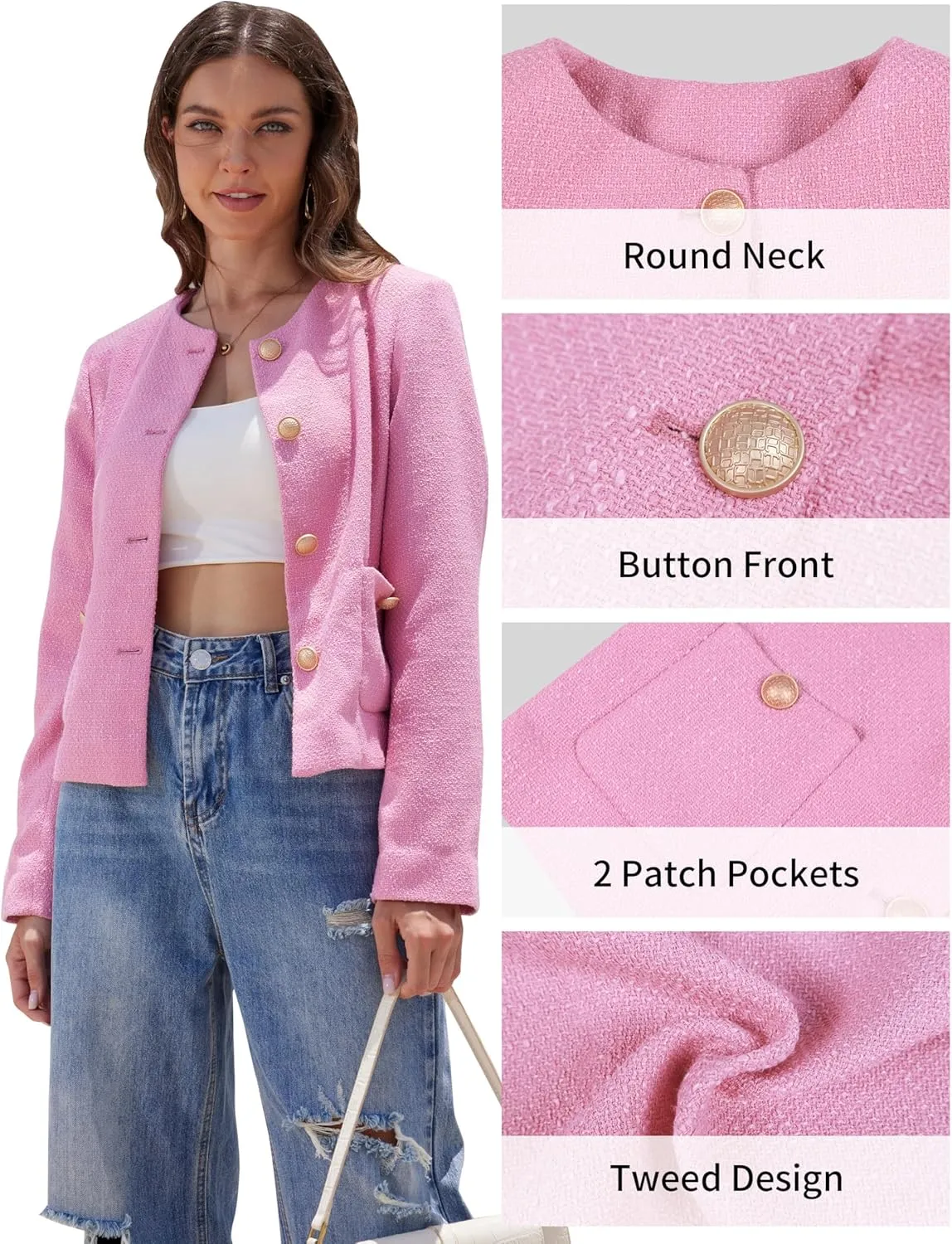 Casual Tweed Jacket for Women Long Sleeve Elegant Slim Fit Blazer Coat Outwear for Work Office