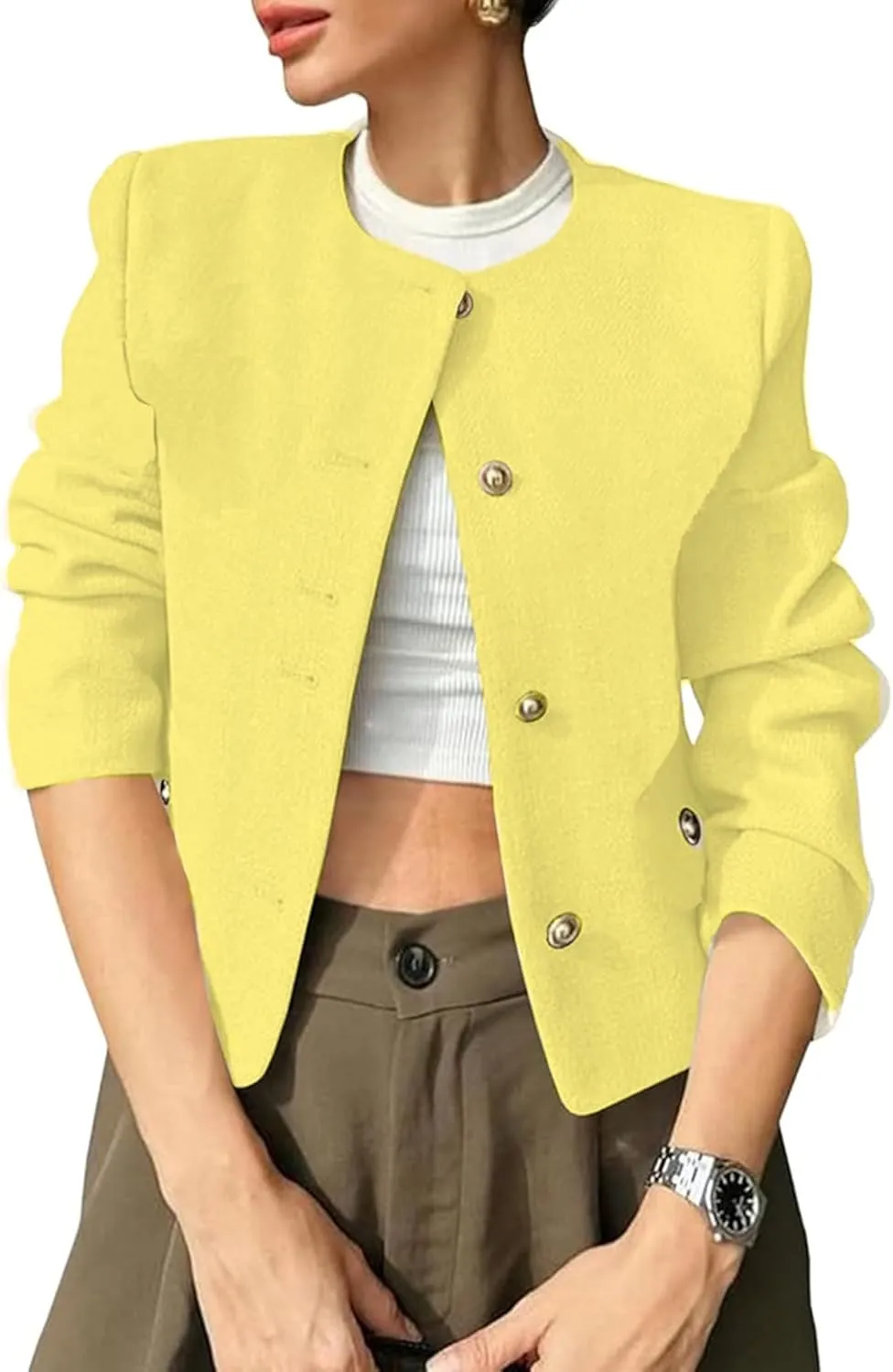 Casual Tweed Jacket for Women Long Sleeve Elegant Slim Fit Blazer Coat Outwear for Work Office