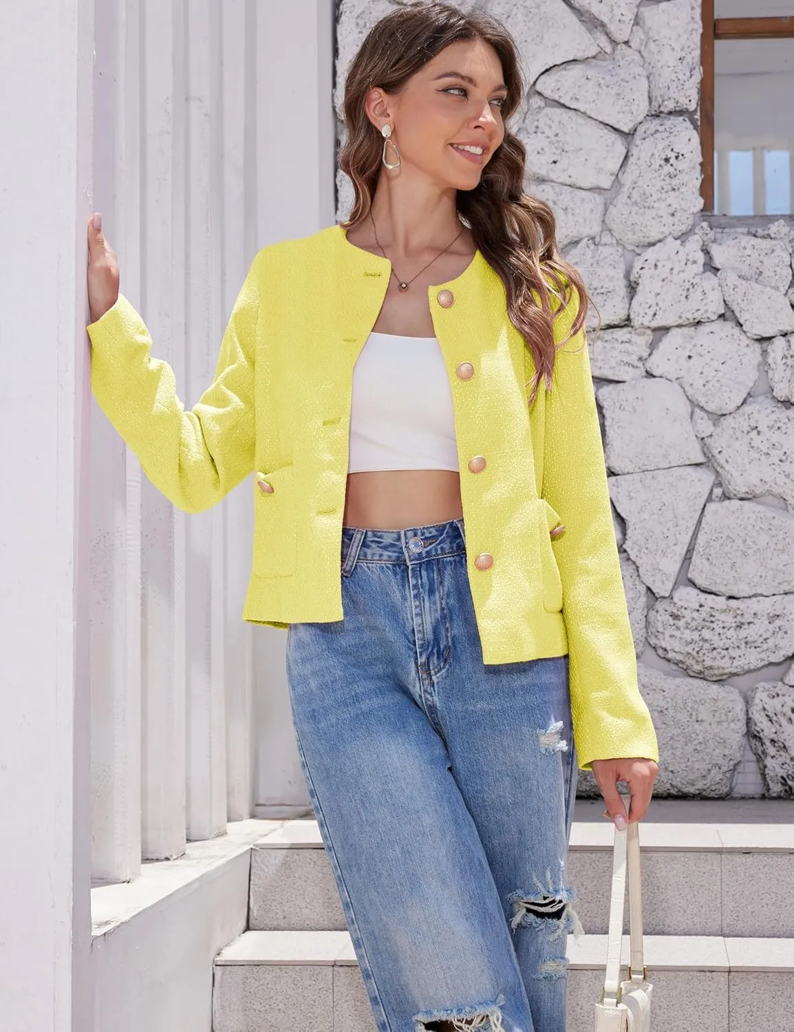 Casual Tweed Jacket for Women Long Sleeve Elegant Slim Fit Blazer Coat Outwear for Work Office