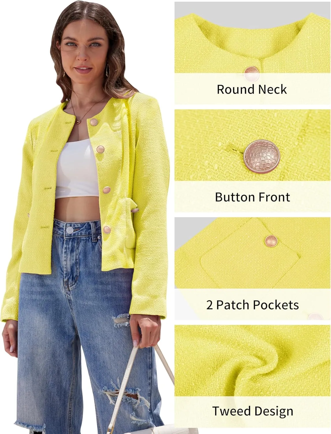 Casual Tweed Jacket for Women Long Sleeve Elegant Slim Fit Blazer Coat Outwear for Work Office