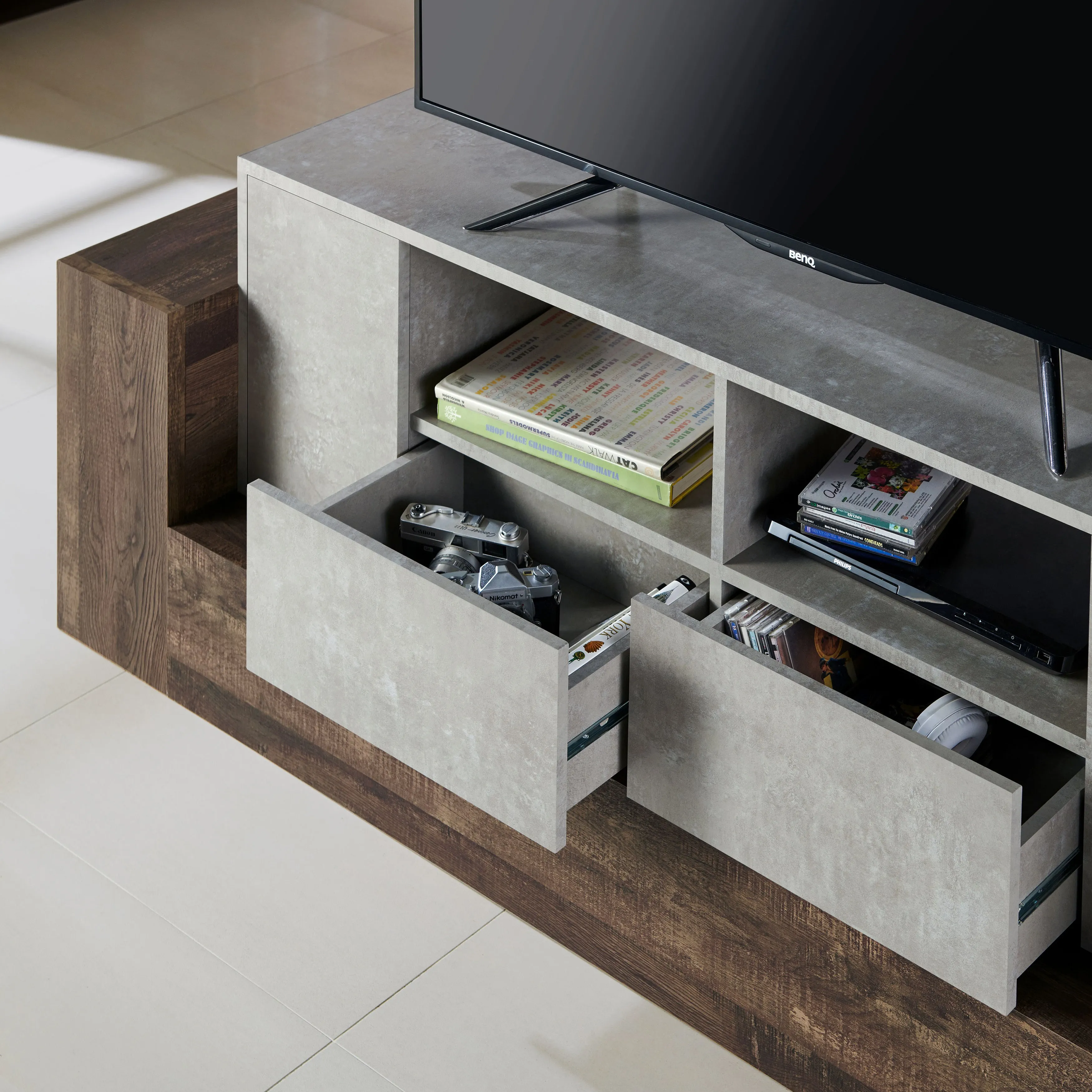 Cedar Hills Industrial 71" Cement and Reclaimed Oak 4-Shelf TV Stand