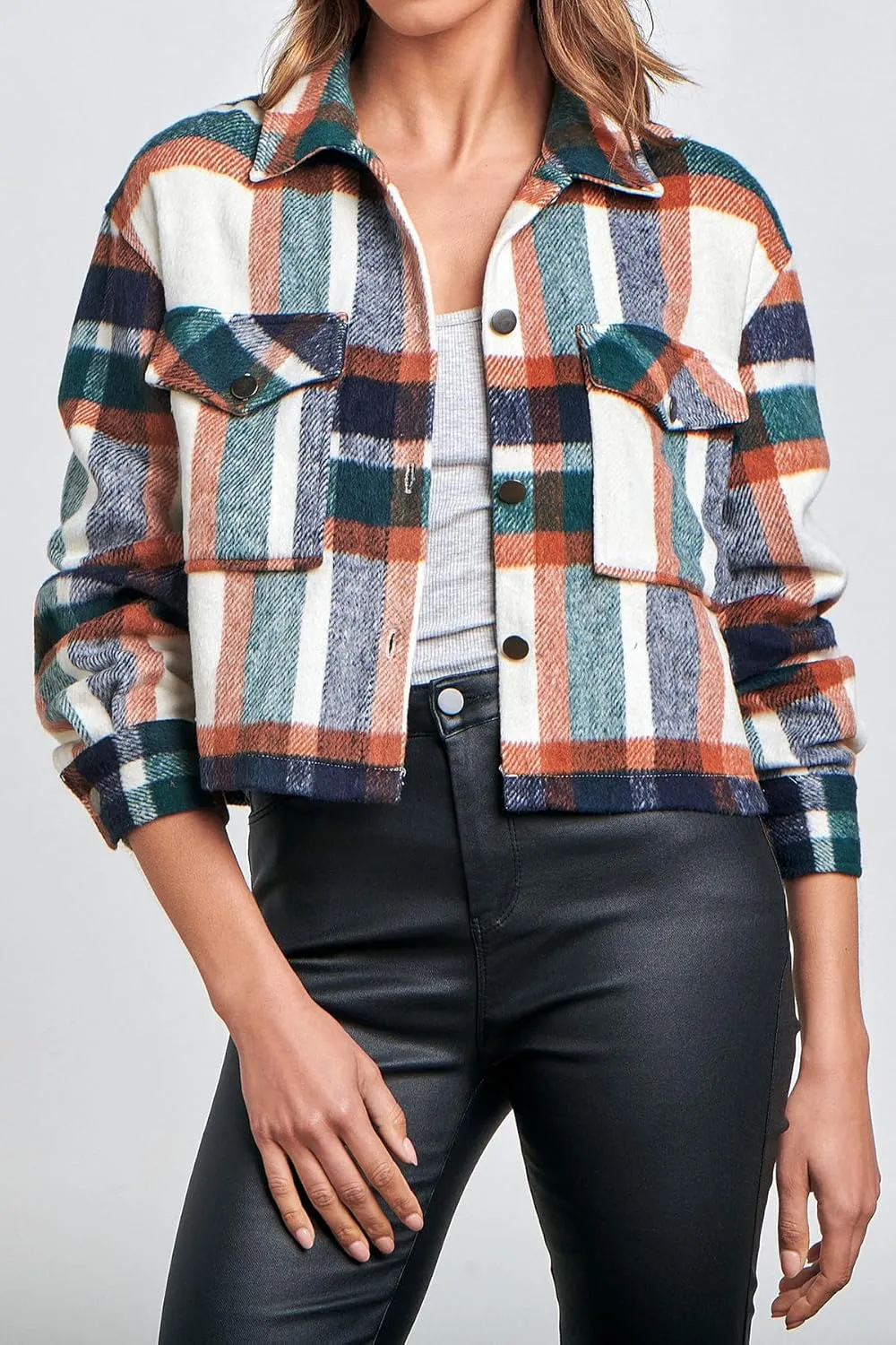 CFLONGE Women's Casual Jacket Coats Button Down Corduroy Cropped Shacket Plaid Long Sleeve Flannels Shirts for Women Jackets