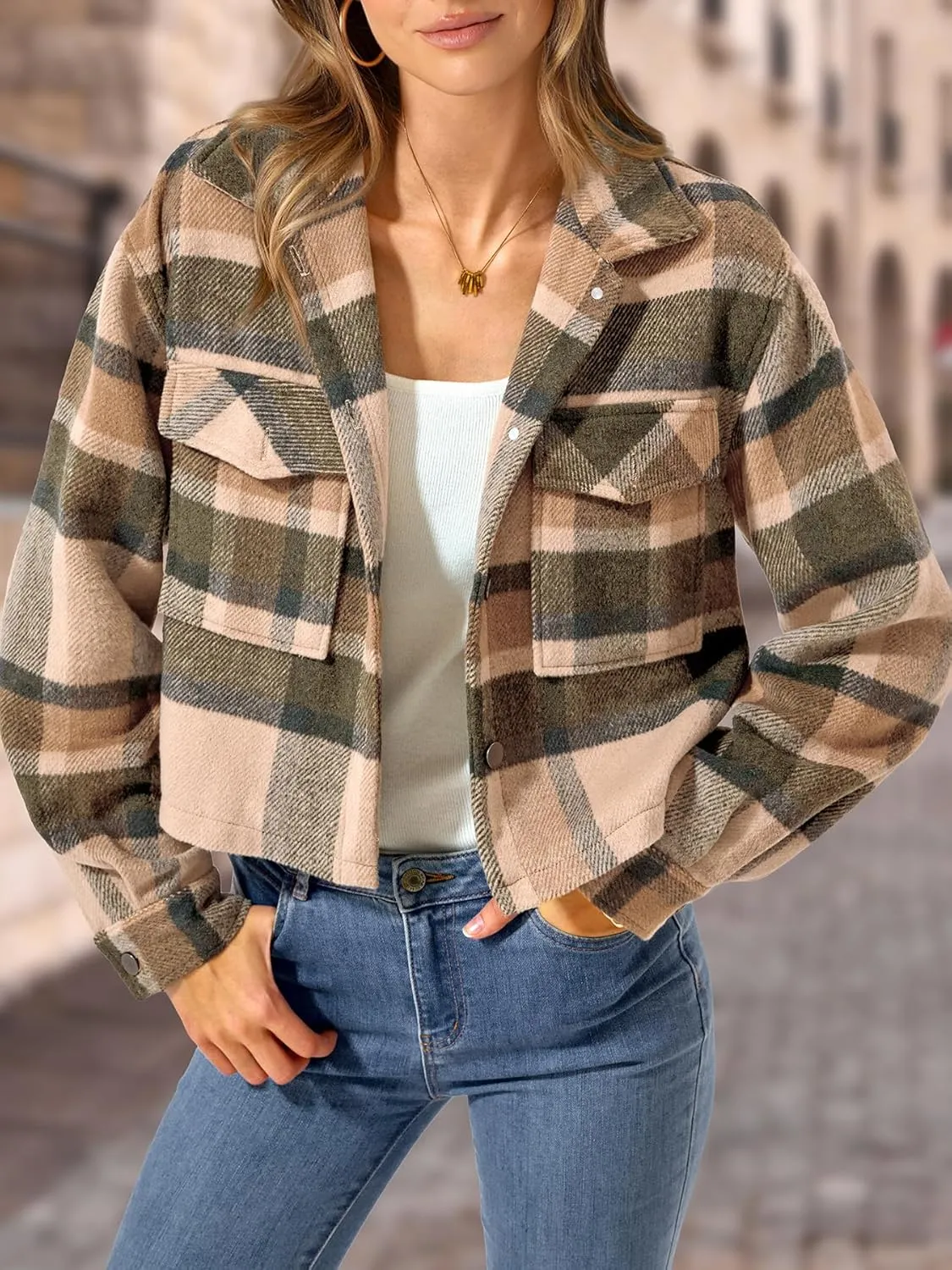 CFLONGE Women's Casual Jacket Coats Button Down Corduroy Cropped Shacket Plaid Long Sleeve Flannels Shirts for Women Jackets