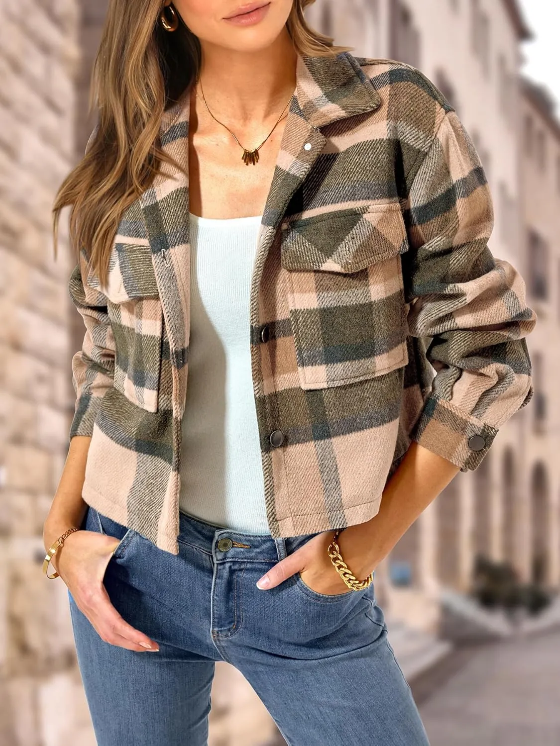 CFLONGE Women's Casual Jacket Coats Button Down Corduroy Cropped Shacket Plaid Long Sleeve Flannels Shirts for Women Jackets
