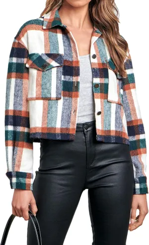 CFLONGE Women's Casual Jacket Coats Button Down Corduroy Cropped Shacket Plaid Long Sleeve Flannels Shirts for Women Jackets