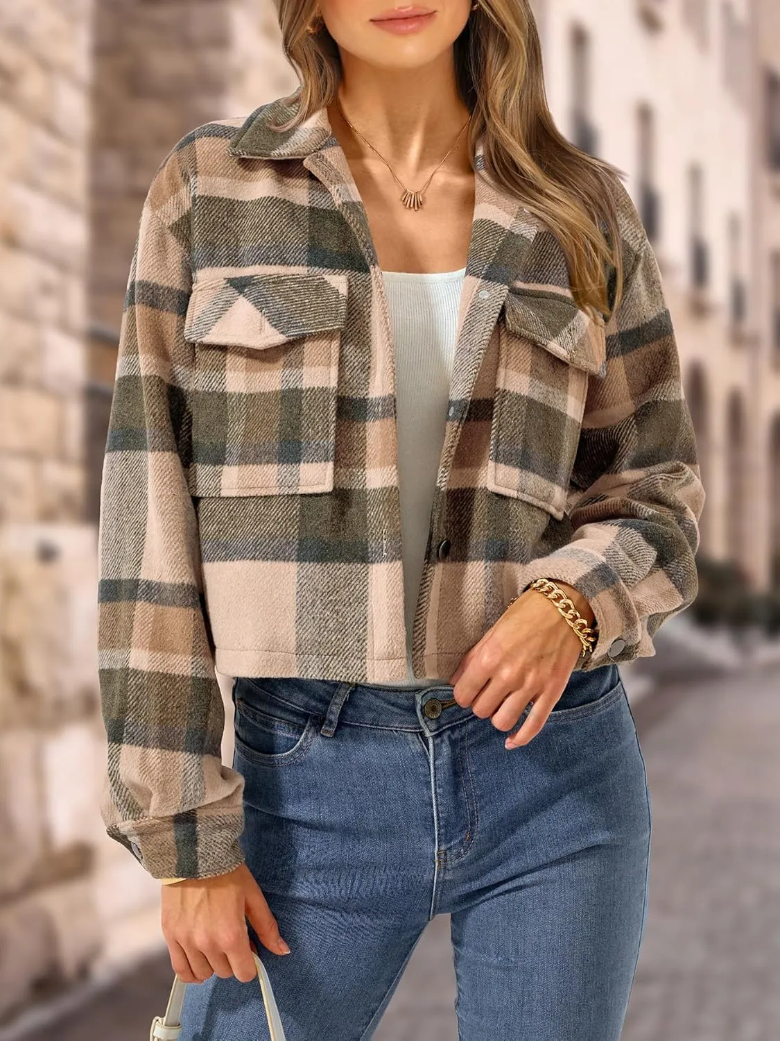 CFLONGE Women's Casual Jacket Coats Button Down Corduroy Cropped Shacket Plaid Long Sleeve Flannels Shirts for Women Jackets