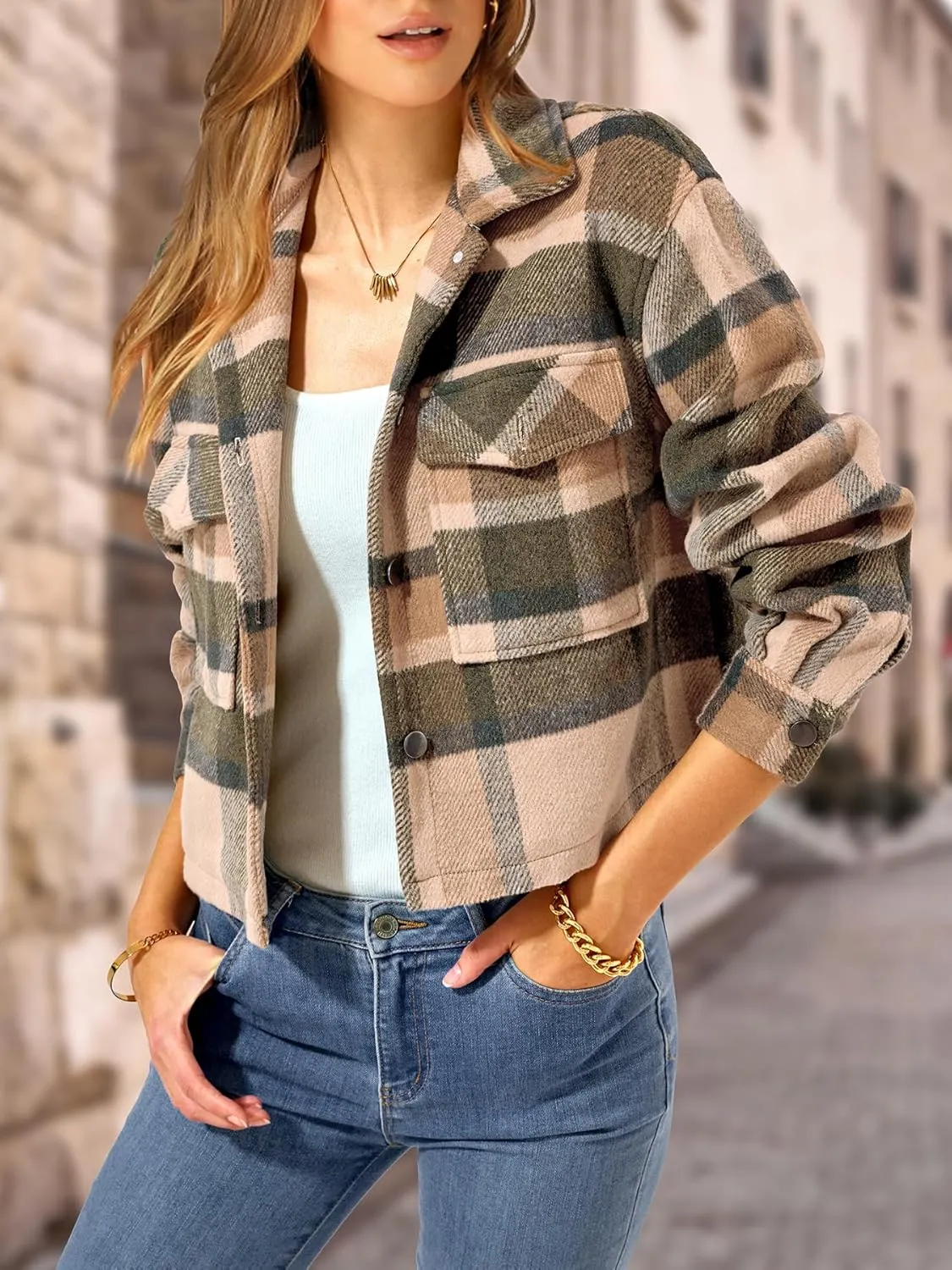 CFLONGE Women's Casual Jacket Coats Button Down Corduroy Cropped Shacket Plaid Long Sleeve Flannels Shirts for Women Jackets