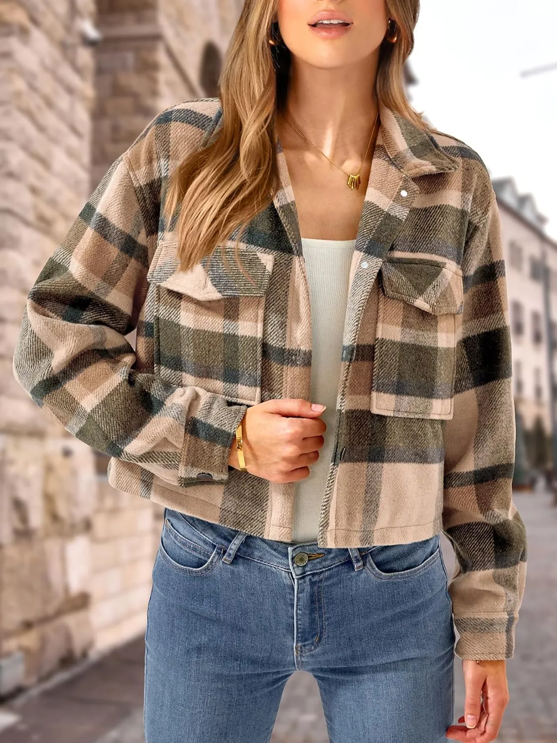 CFLONGE Women's Casual Jacket Coats Button Down Corduroy Cropped Shacket Plaid Long Sleeve Flannels Shirts for Women Jackets
