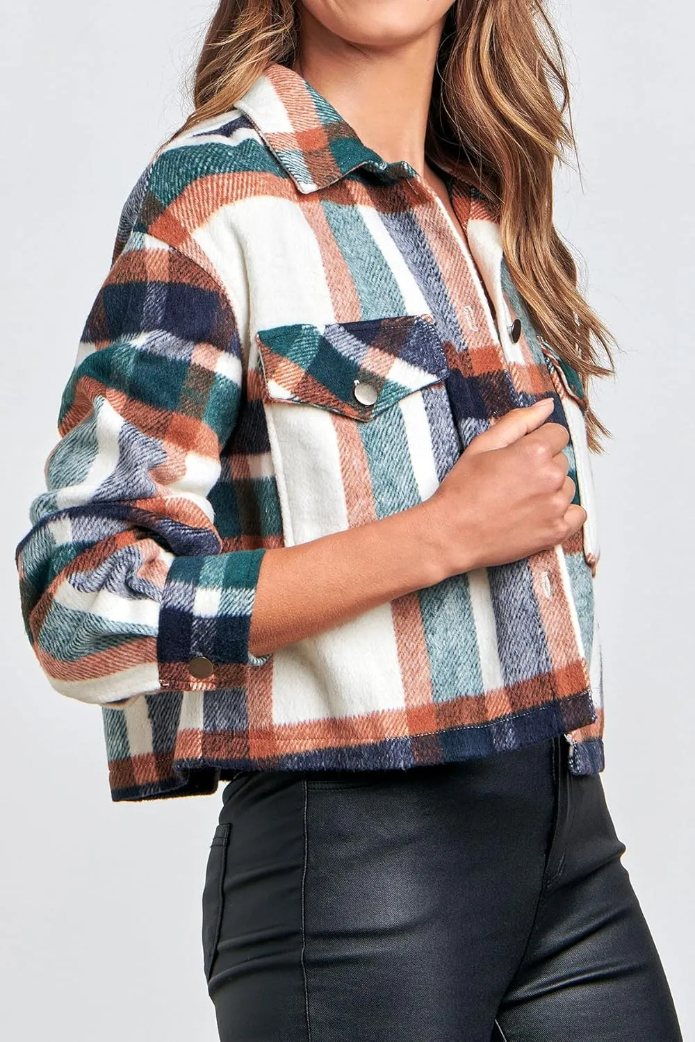 CFLONGE Women's Casual Jacket Coats Button Down Corduroy Cropped Shacket Plaid Long Sleeve Flannels Shirts for Women Jackets