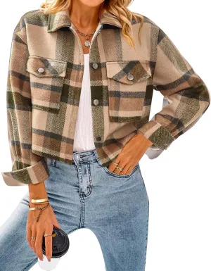 CFLONGE Women's Casual Jacket Coats Button Down Corduroy Cropped Shacket Plaid Long Sleeve Flannels Shirts for Women Jackets