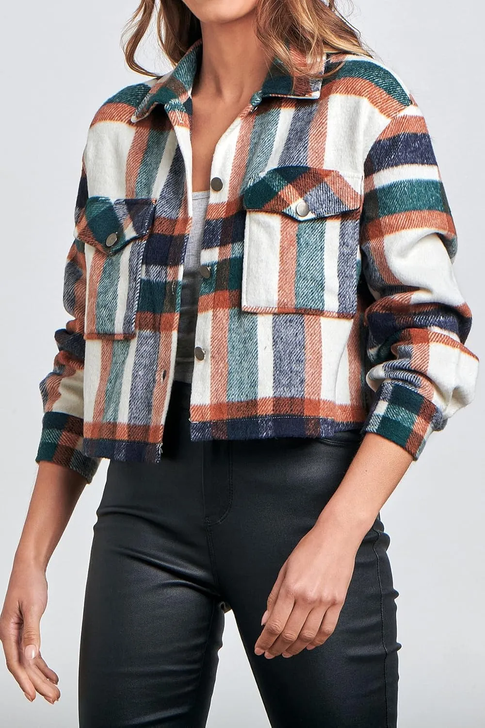 CFLONGE Women's Casual Jacket Coats Button Down Corduroy Cropped Shacket Plaid Long Sleeve Flannels Shirts for Women Jackets