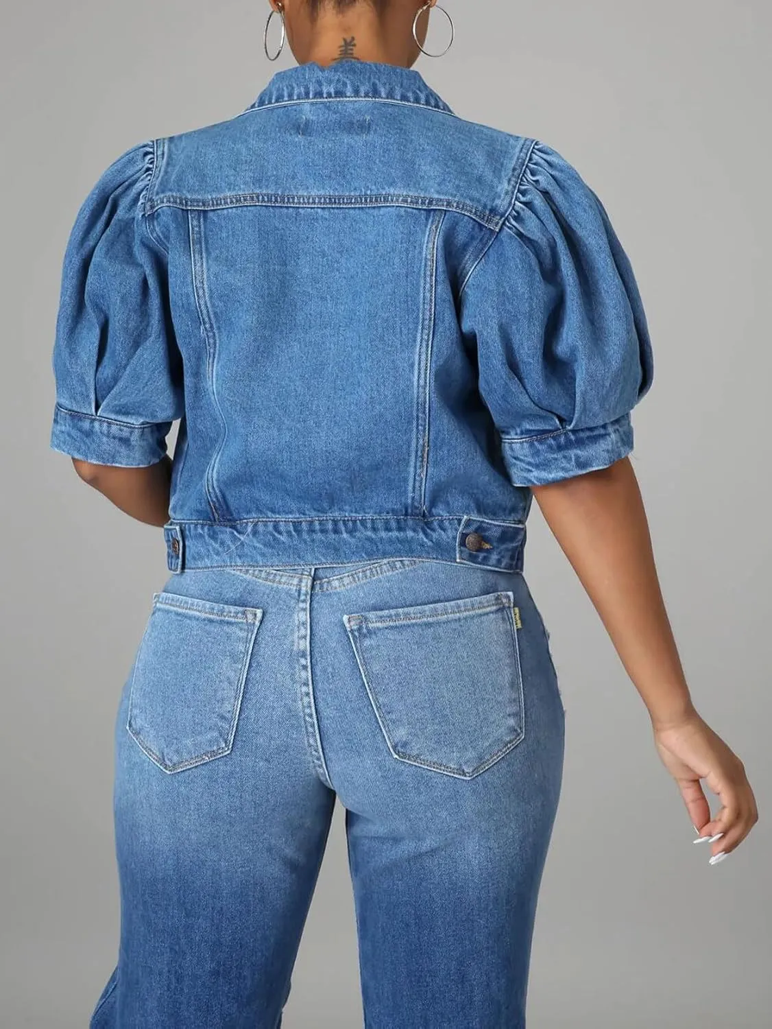 CHARTOU Casual Short Sleeve Cropped Jean Jacket Women Puff Sleeve Denim Jacket Button Down Crop Denim Jacket