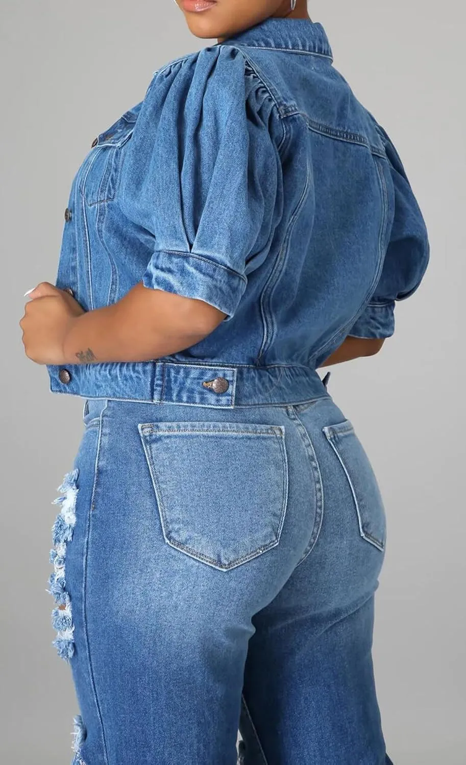 CHARTOU Casual Short Sleeve Cropped Jean Jacket Women Puff Sleeve Denim Jacket Button Down Crop Denim Jacket