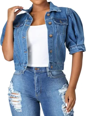 CHARTOU Casual Short Sleeve Cropped Jean Jacket Women Puff Sleeve Denim Jacket Button Down Crop Denim Jacket