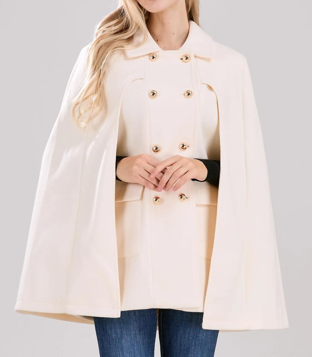 CHARTOU Women's Elegant Poncho Double-Breast Slit Sleeve Flowy Wool Blend Cape Cloak Coat