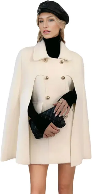 CHARTOU Women's Elegant Poncho Double-Breast Slit Sleeve Flowy Wool Blend Cape Cloak Coat