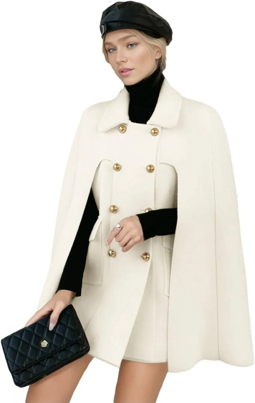 CHARTOU Women's Elegant Poncho Double-Breast Slit Sleeve Flowy Wool Blend Cape Cloak Coat
