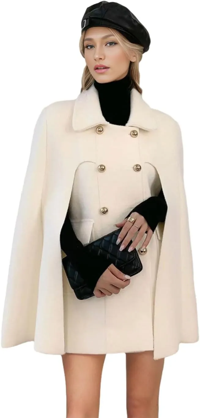 CHARTOU Women's Elegant Poncho Double-Breast Slit Sleeve Flowy Wool Blend Cape Cloak Coat