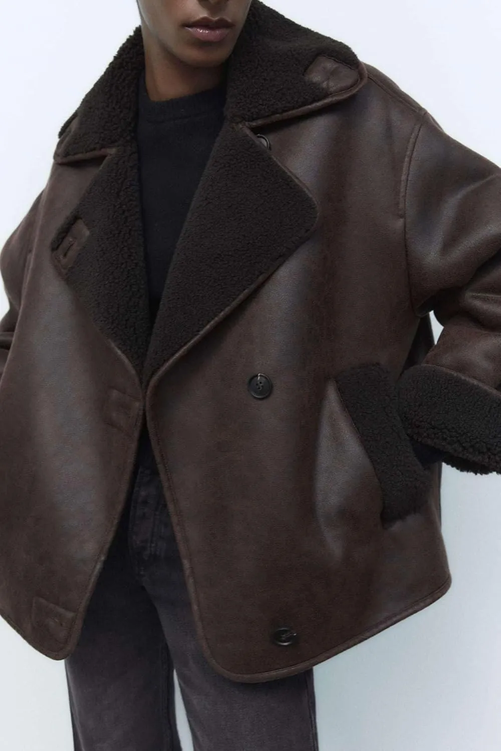 chouyatou Women's Winter Sherpa Lined Faux Leather Jacket Casual Motorcycle Oversized Leather Jacket