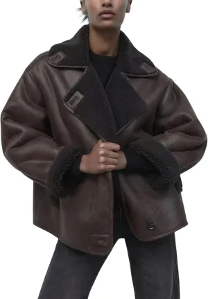 chouyatou Women's Winter Sherpa Lined Faux Leather Jacket Casual Motorcycle Oversized Leather Jacket