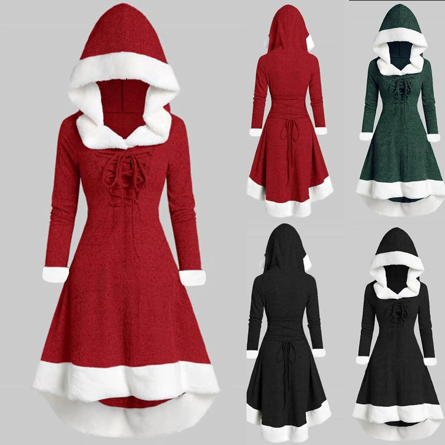 Christmas Santa Claus Hooded Cloak Medieval Vintage Lace Up Velvet Cape Robe with Hood High Low Midi Hoodie Dress
