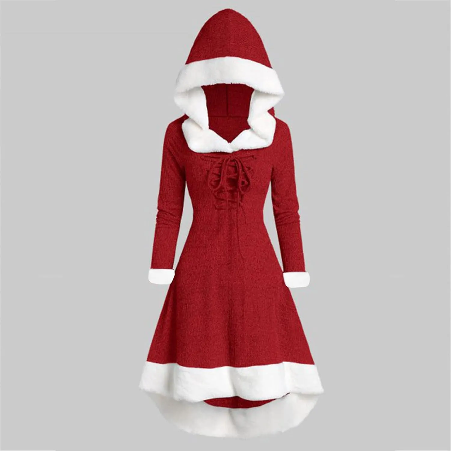 Christmas Santa Claus Hooded Cloak Medieval Vintage Lace Up Velvet Cape Robe with Hood High Low Midi Hoodie Dress