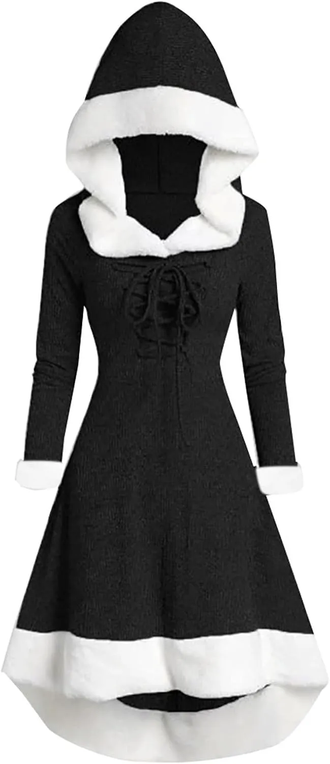 Christmas Santa Claus Hooded Cloak Medieval Vintage Lace Up Velvet Cape Robe with Hood High Low Midi Hoodie Dress
