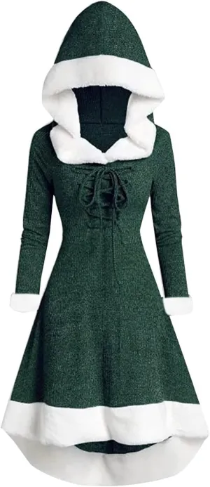 Christmas Santa Claus Hooded Cloak Medieval Vintage Lace Up Velvet Cape Robe with Hood High Low Midi Hoodie Dress