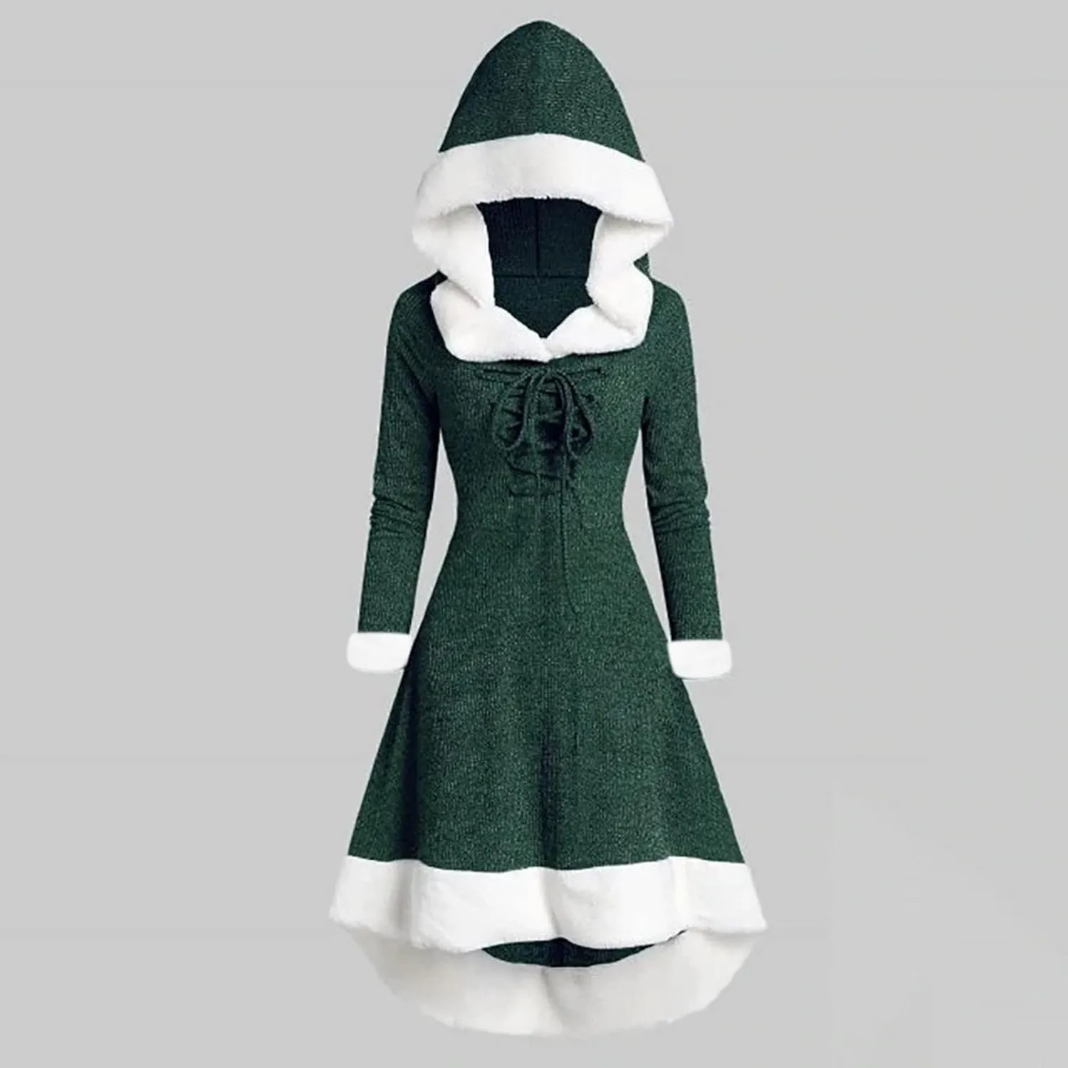 Christmas Santa Claus Hooded Cloak Medieval Vintage Lace Up Velvet Cape Robe with Hood High Low Midi Hoodie Dress