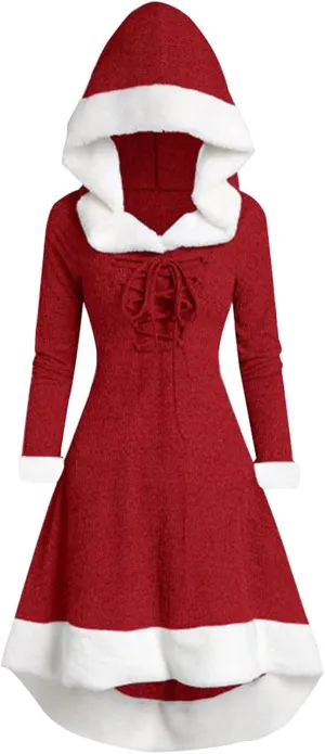Christmas Santa Claus Hooded Cloak Medieval Vintage Lace Up Velvet Cape Robe with Hood High Low Midi Hoodie Dress
