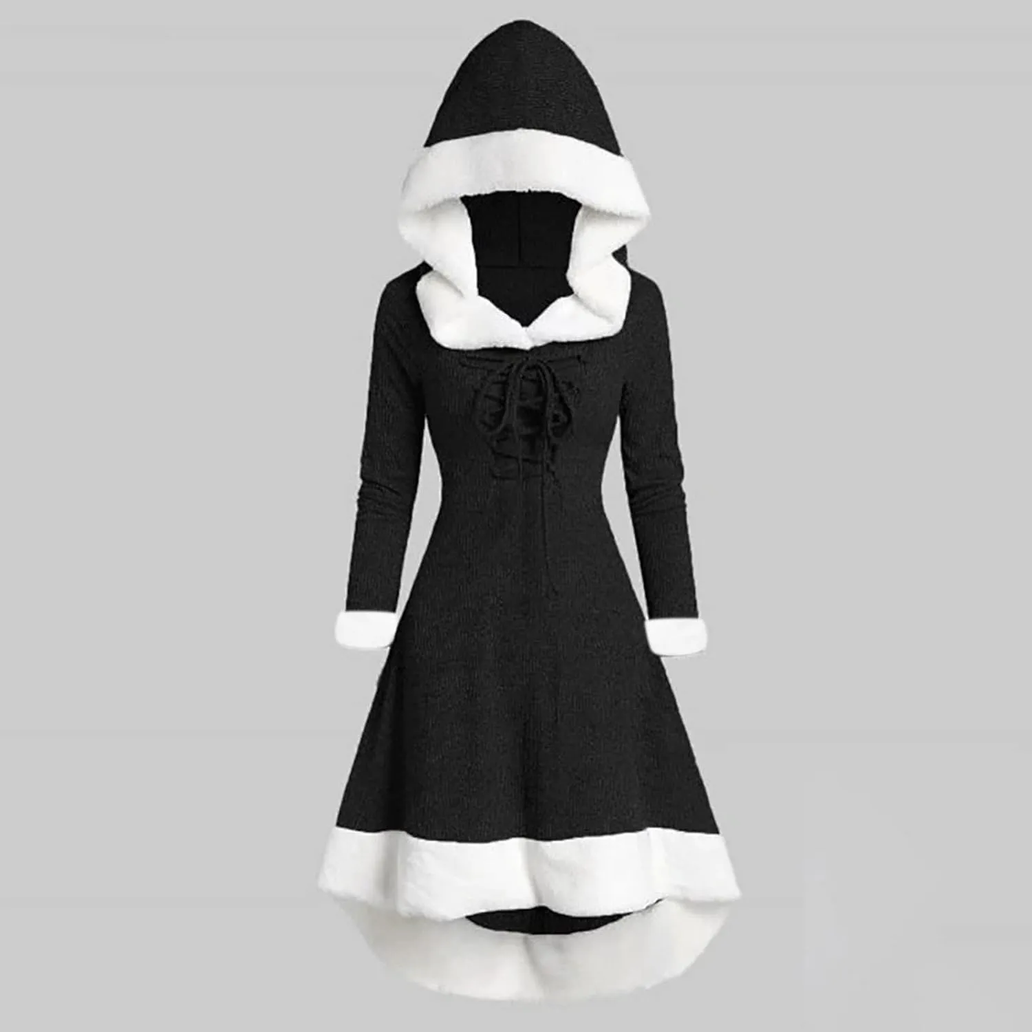 Christmas Santa Claus Hooded Cloak Medieval Vintage Lace Up Velvet Cape Robe with Hood High Low Midi Hoodie Dress
