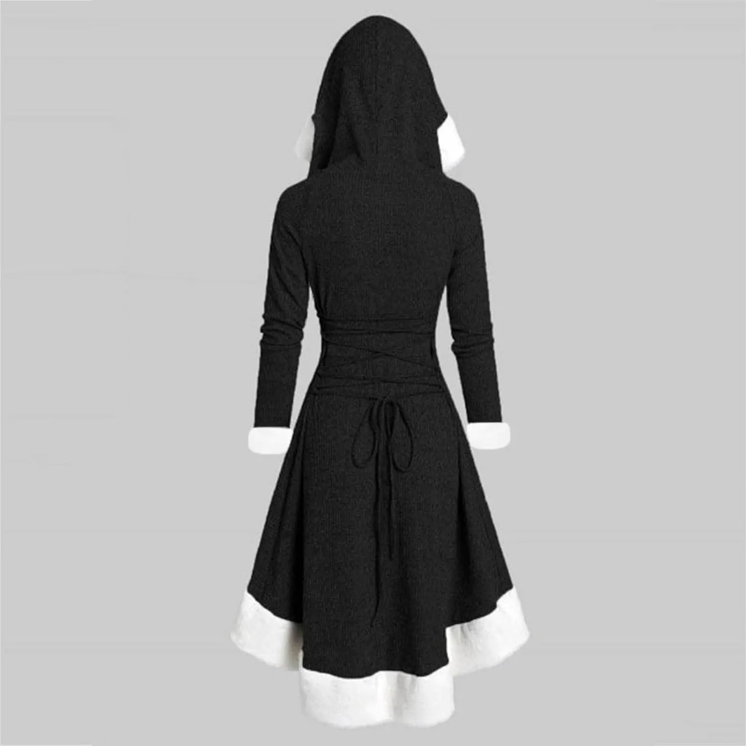 Christmas Santa Claus Hooded Cloak Medieval Vintage Lace Up Velvet Cape Robe with Hood High Low Midi Hoodie Dress